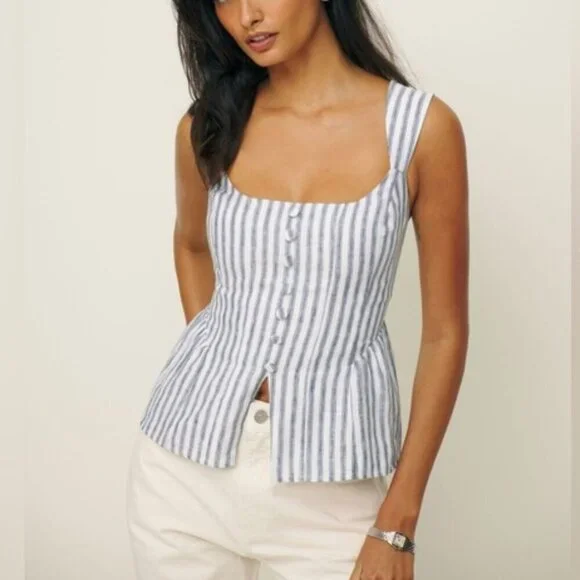 Reformation Evie Linen Top in Antibes Stripe Blue White Stripes | US 0 UK 4 - Picture 1 of 10